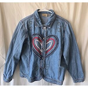 Crystal‎ Kobe Denim Jacket With Fabric & Beaded Heart Designs Button-Up Size S